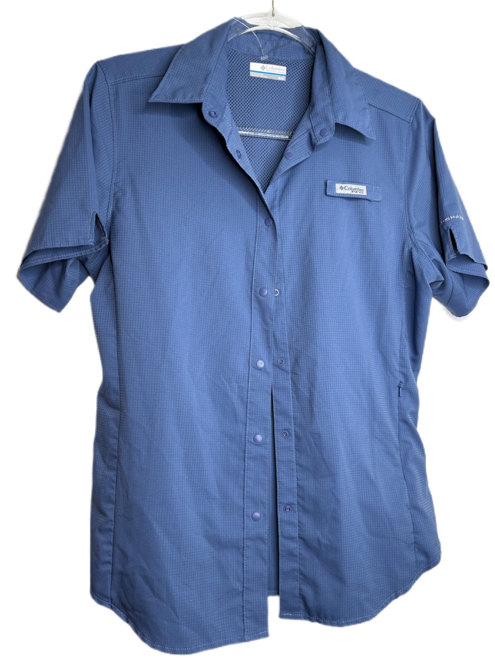 Columbia PFG Omni Shade Short Sleeve Button-Down Shirt in Blue M
